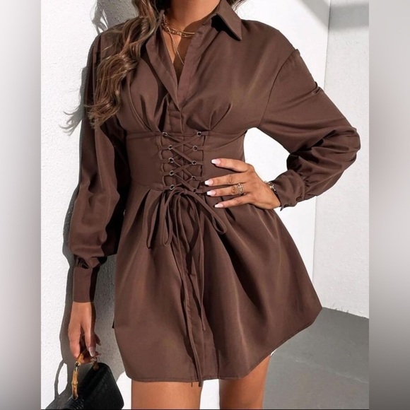 Goodnight Macaroon Chocolate Brown Lace Up Shirt Dress - Picture 3 of 8